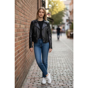 Women's Bagatelle Black Faux Leather Embroidered Star Embellished Moto Jacket